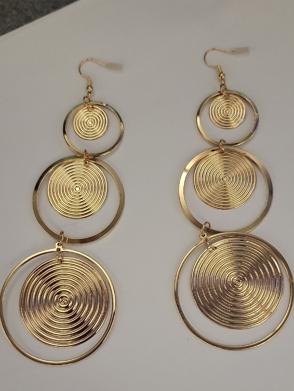 Gold Triple Circle Spiral Drop Earrings - Women Jewelry